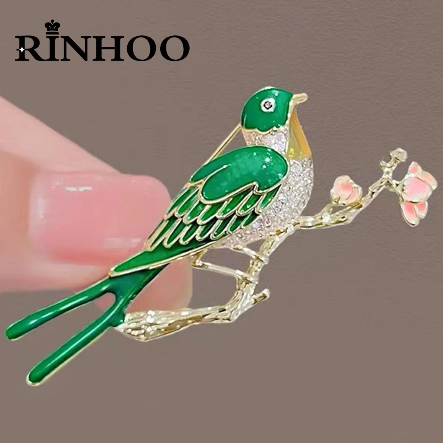 

Rinhoo Green Enamel Birds Sitting On Flower Branches Brooches For Women Delicate Animal Plant Pins Party Corsage Fashion Jewelry