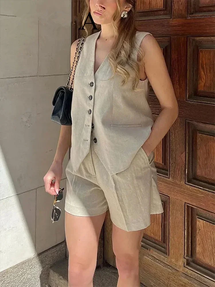 Женский Короткий Комплект Из Хлопка И Льна Повседневный Однотонный Жилет Шорты С