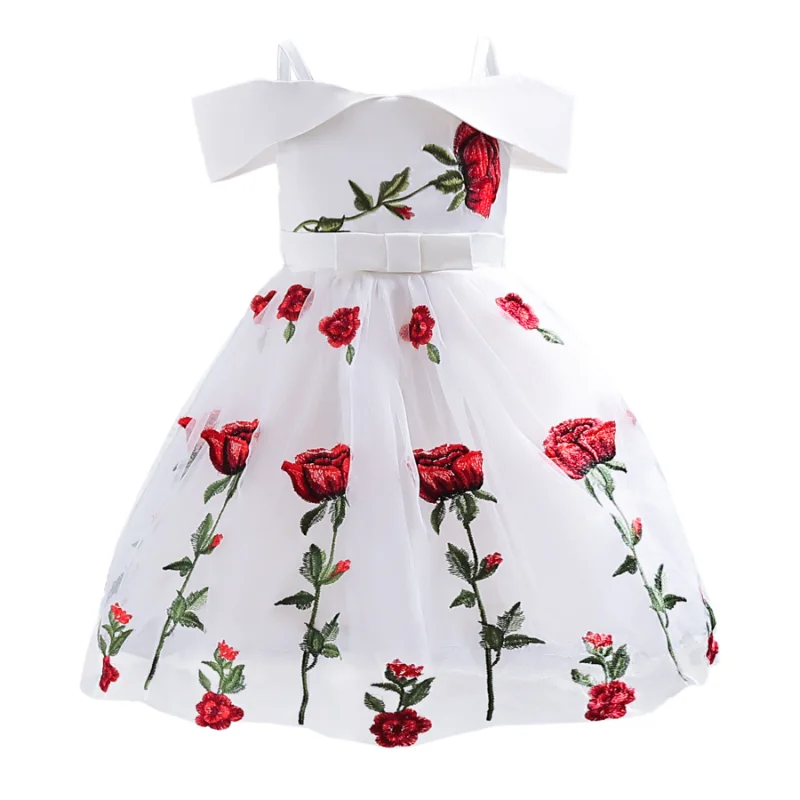 

Children's clothes little girl off-shoulder princess skirt children's rose embroidered mesh gauze skirt