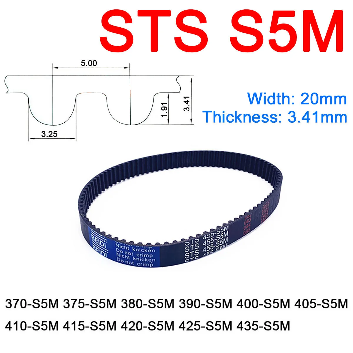 

1Pc Width 20mm S5M Rubber Arc Tooth Timing Belt Pitch Length 370 375 380 390 400 405 410 415 420 425 435mm Synchronous Belts