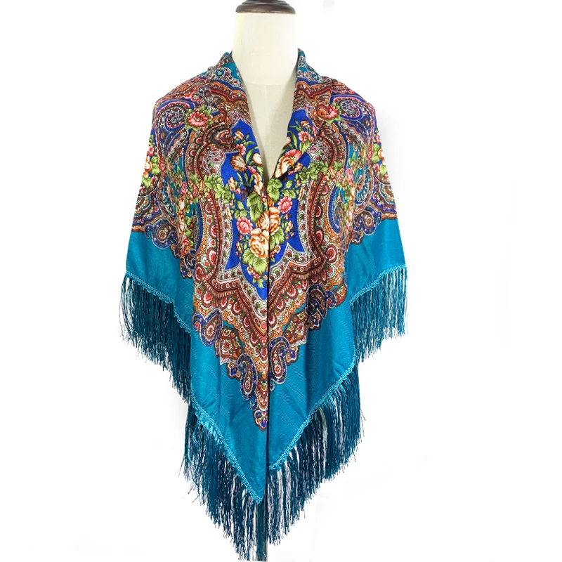 Женский русский шаль-плед квадратной формы 135*135 см, с этническим принтом цветов и бахромой, бабушкины платки для головы.