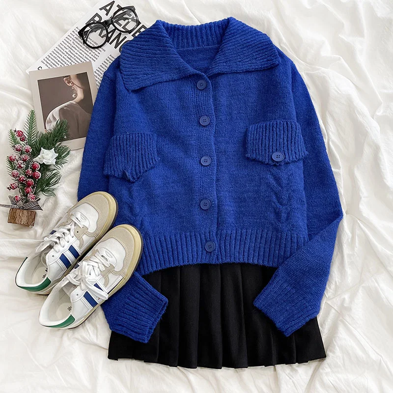 

Klein Blue Lapel Twist Flap Detailed Oversize Knitted Cardigan Spring Sweater Coat