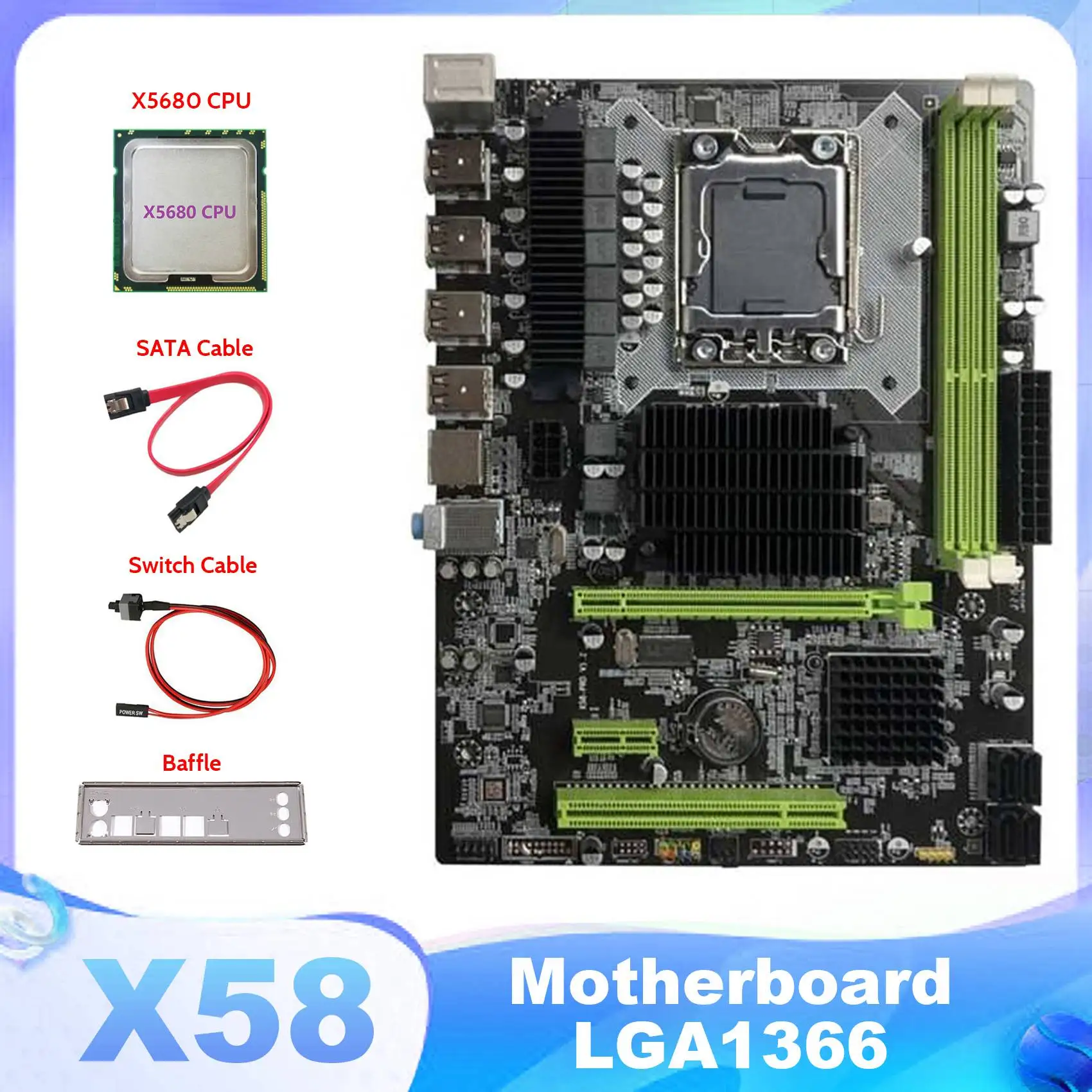 

Материнская плата X58 LGA1366, материнская плата для компьютера, поддержка серверной памяти DDR3 с процессором X5680 + кабель SATA + кабель переключателя