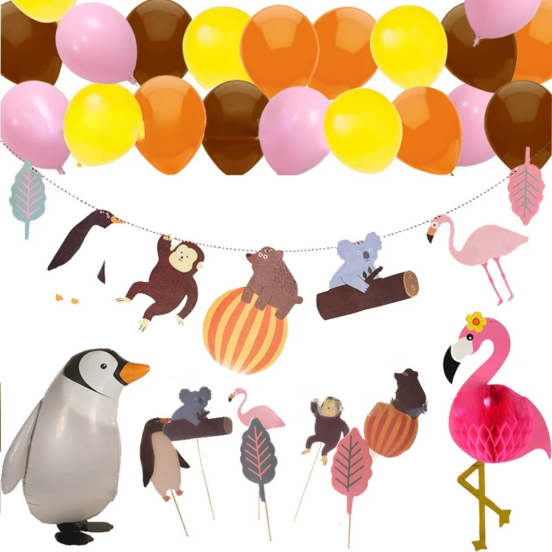 

JOLLYBOOM Animal Theme Party Balloon Set Flamingo Banner Cupcake Topper Penguin Foil Balloon for Baby Shower Birthday Decoration