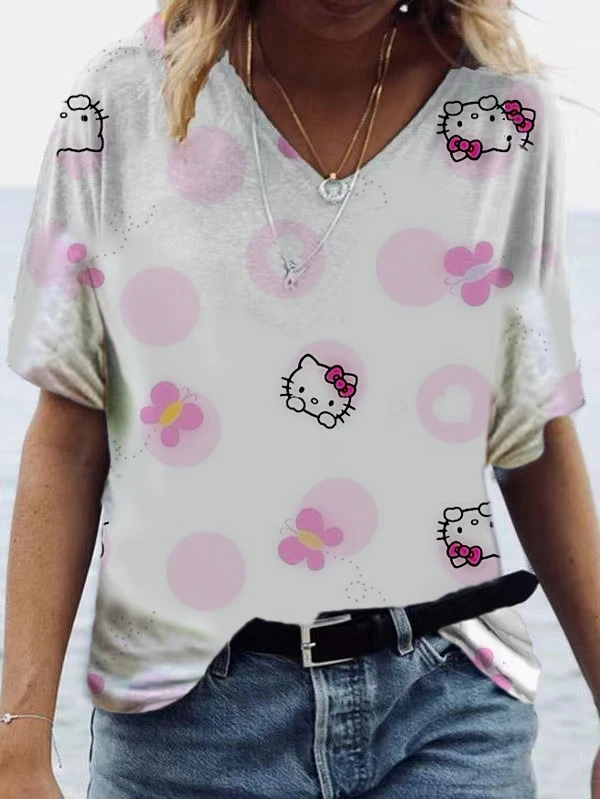

Hello Kitty printed pullover V-neck top elegant T-shirt fashion casual women's loose T-shirt 2023 summer women's