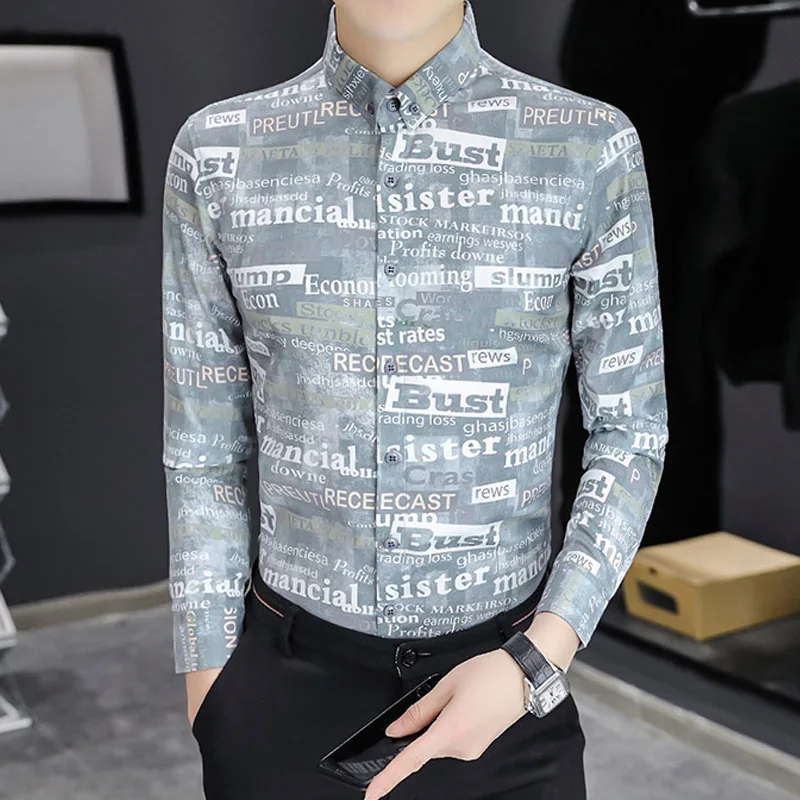 

2022 новые футболки с принтом букв, мужские Узкие повседневные рубашки с длинным рукавом, деловые формальные рубашки, уличная мужская одежда