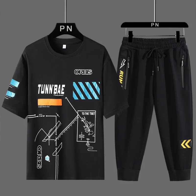 

2022 New Men's T-shirt+shorts Set Summer Casual Short Sleeve T Shirt Running Set Streetwear Hip Hop Printed Student Sport Suit