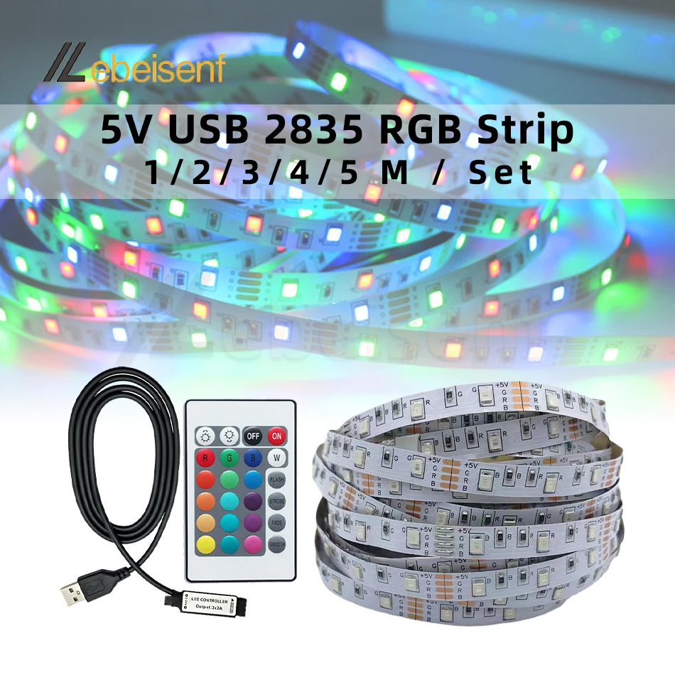 Полный комплект 5 в USB RGB лента + контроллер IR 24-Key беспроводной пульт дистанционного управления 1/2/3/4/5 м 60 светодиодов/м 2835 SMD строгая гибкая лента