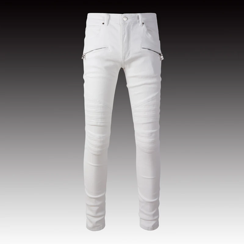 High Street Fashion Men Jeans Stretch Slim Fit Spliced Designer Biker Jeans Homme Brand Hip Hop Pants Men Patched White Trousers