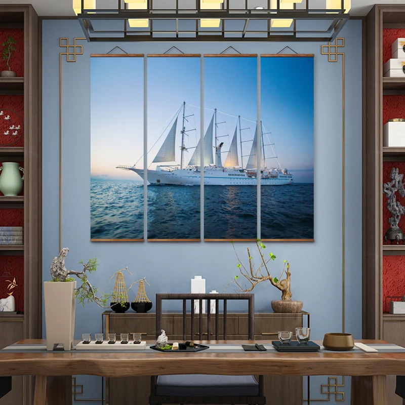 

MT0124 Chinese Style Sailboat At Sea Decorative Wall Art Canvas Posters Solid Wood Scroll Paintings