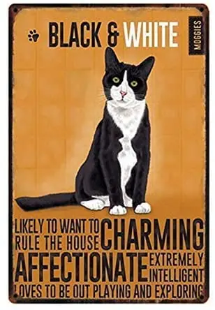 

Retro Metal Tin Sign Vintage Black and White Cat Aluminum Sign for Home Coffee Wall Decor 8x12 Inc
