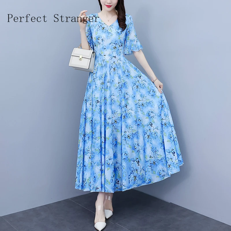 

2022 Summer New Arrival Short Sleeve Boho Beach Vestidos Mujer V Collar Flower Printed Women Long Chiffon Dress