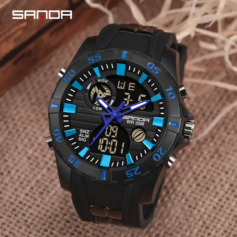 

2023 Sanda 791 Sport Watch for Men Double Movement Chronograph Alarm LCD Male Clock 3ATM Water Resistant Black Wristwatches