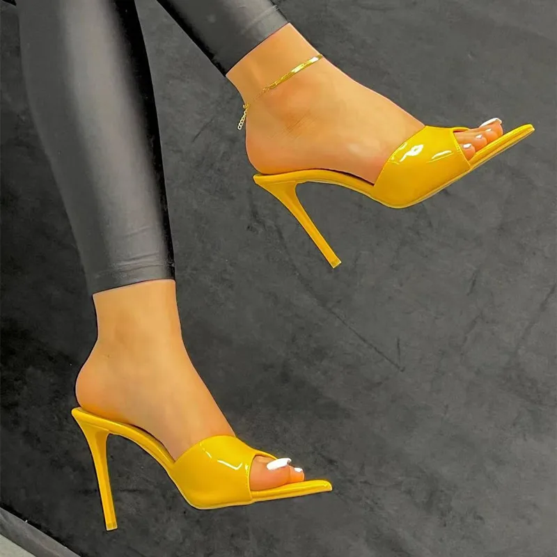 2022 New Fashion PU Yellow Black Sexy High Heels Pointed Toe Open Toe Women's Summer Slippers Slip-on Women's Shoes Party Shoes