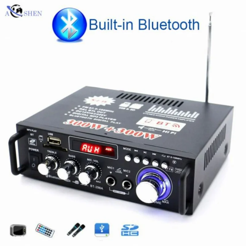 

AOSHEN BT-298A Stereo Power BT FM Radio 2CH Home Theater Amplifiers Mini Amplificador Professional Car Audio Amp