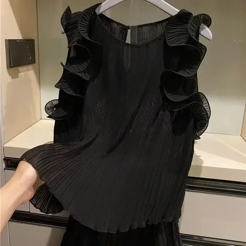 Летняя свободная модная шифоновая рубашка без рукавов с керлингом в виде листьев