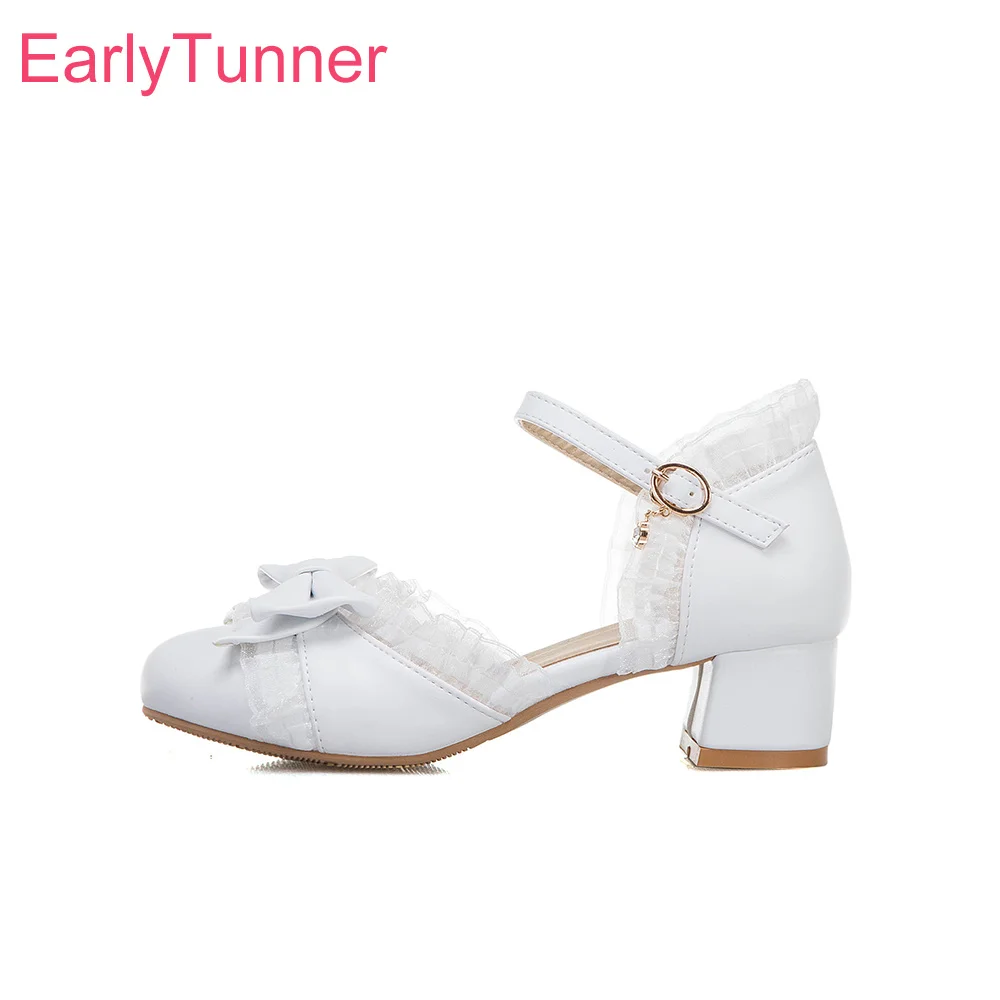 

Женские повседневные босоножки, белые, бежевые школьные сандалии на среднем каблуке с бантом, большие размеры 10, 28, 30, 43