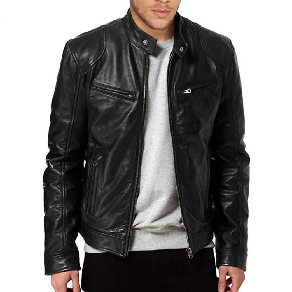 

Мужская ветрозащитная куртка из искусственной кожи, стильная мотоциклетная куртка с воротником-стойкой и карманами на молнии для мужчин на осень и весну