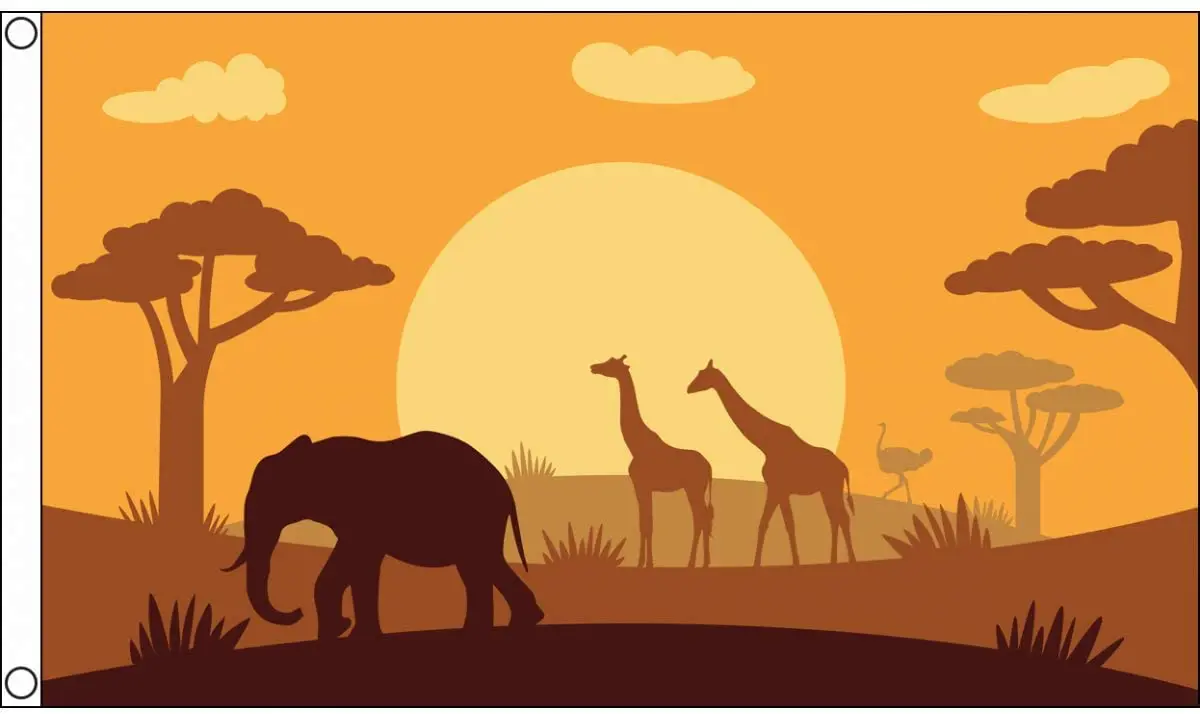 

African Animals Silhouette Flag 3' x 5' - Africa Savanna Safari Flags 90 x 150 cm - Banner 3x5 ft
