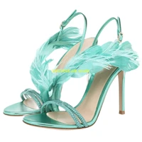 party feather women sandals slingback open toe stiletto high heel runway wedding shoes back strap fashion summer shoes