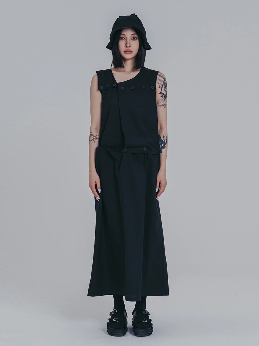 

SuperAen Balck Summer New Button Multi-way Removable Long Vest Dress Straight Diagonal Collar Sleeveless Dress