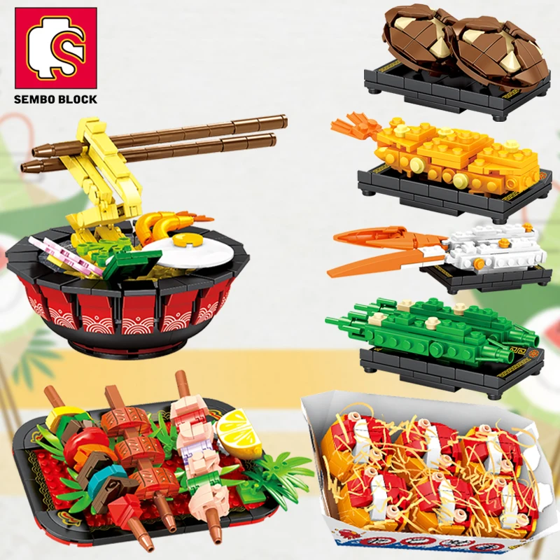 SEMBO BLOCK Japanese Cuisine Toys Bricks Sushi Ramen Music Box Building Blocks DIY Roleplay STEM Collectible Model Kits Gifts
