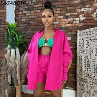 fagadoer women shirt two piece sets casual solid color button long sleeve top and mini shorts tracksuit female matching outfits