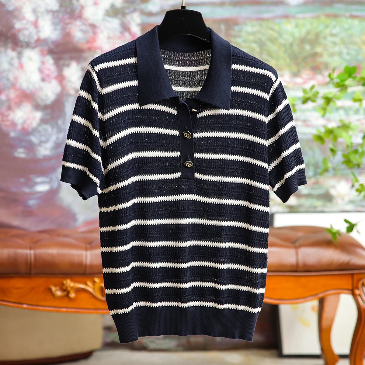 

Summer New Elegant T-shirt Hollow Bright Silk Short-sleeved Polo Neck Knit Shirt Female Temperament Slim Fashion Women Clothing