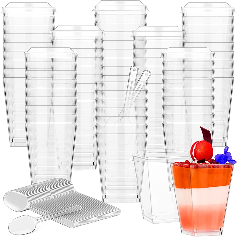 20PCS Plastic Dessert Cups with Lids Spoons 150ML Serving Cups Appetizer Mousse Fruit Parfait Cups For Birthday Party Wedding
