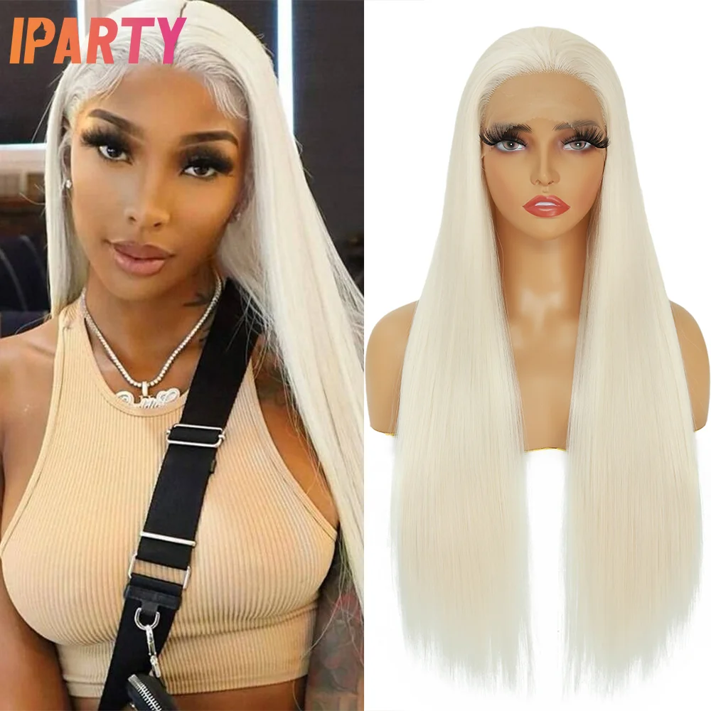 

Synthetic Lace Front Long Straight Wig 29 Inches Platinum Blonde Free Part Heat Resistant Fibers Wigs For Women Daily Use Party