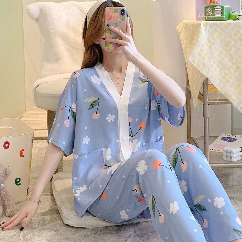 Cotton silk pajamas ladies summer thin short-sleeved trousers suit cardigan V-neck Japanese small fresh home service