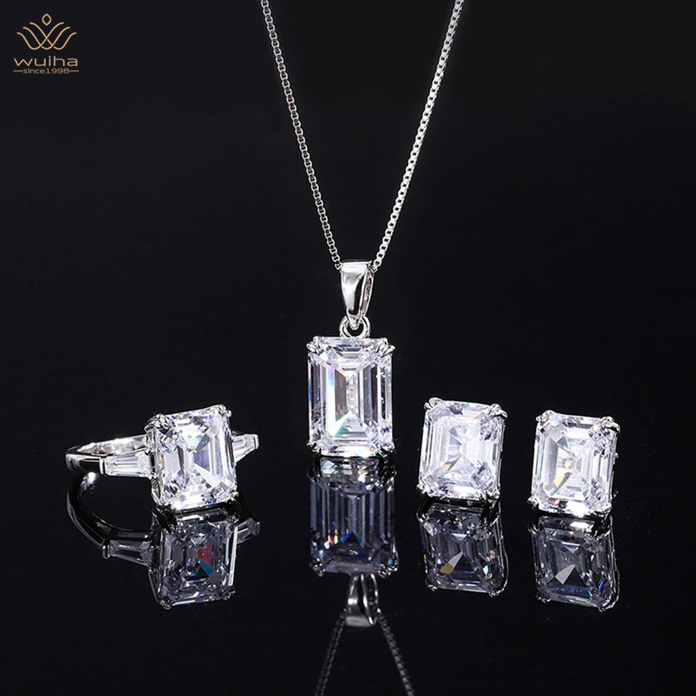 

WUIHA Real 925 Sterling Silver 10*14MM Simulated Moissanite Anniversary Ring/Earrings/Pendant/Necklace Jewelry Set Drop Shipping