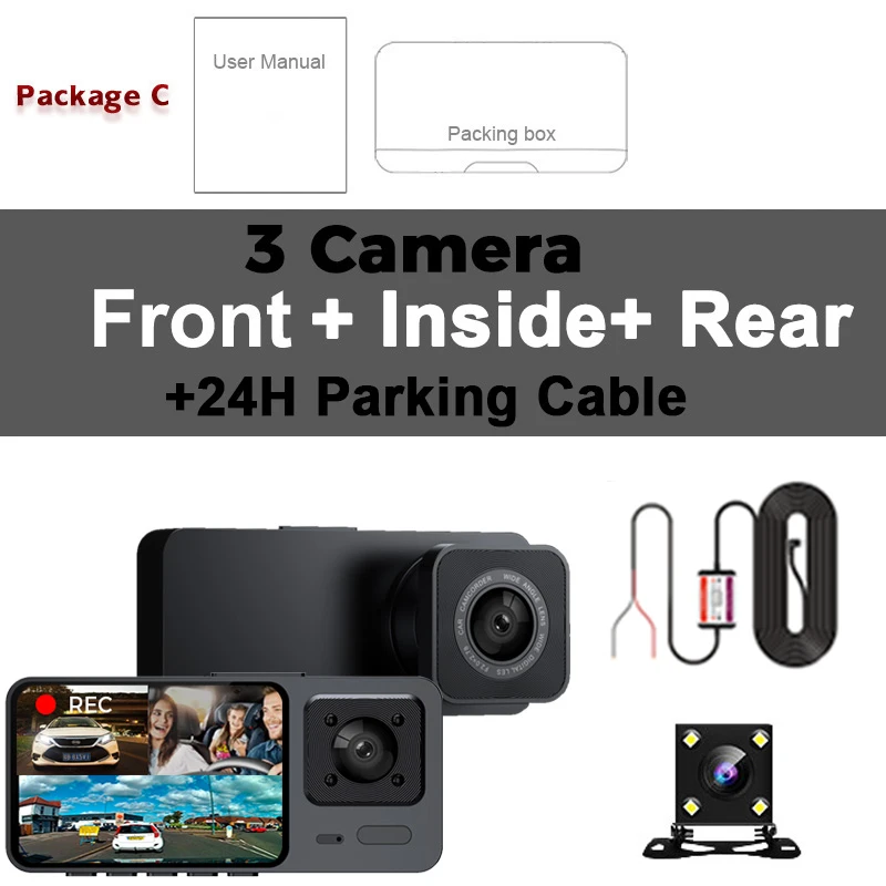 

3 Cameras Lens 2.0 Inch Car DVR Dash Cam HD 1080P Dash Camera Dual Lens Video Recorder Black Box Dashcam Mirror for Tax Uber