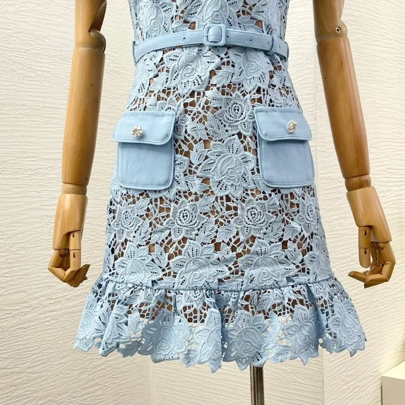 Женское кружевное мини-платье элегантное голубое платье с коротким рукавом