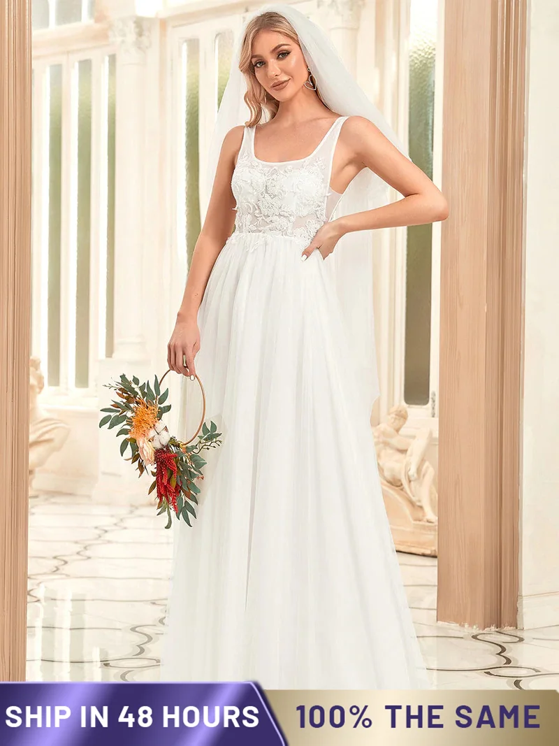 

Elegant Wedding Dress Long U-Neck A-Line Sleeveless Backless Floor Length 2022 Ever Pretty Of Lace Simple Wedding Women Dress