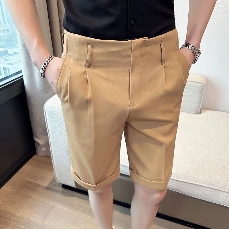 

British Style Summer Naples Straight Suit Shorts Men New Slim Fit Business Formal Knee Length Short Pants Hommes Streetwear