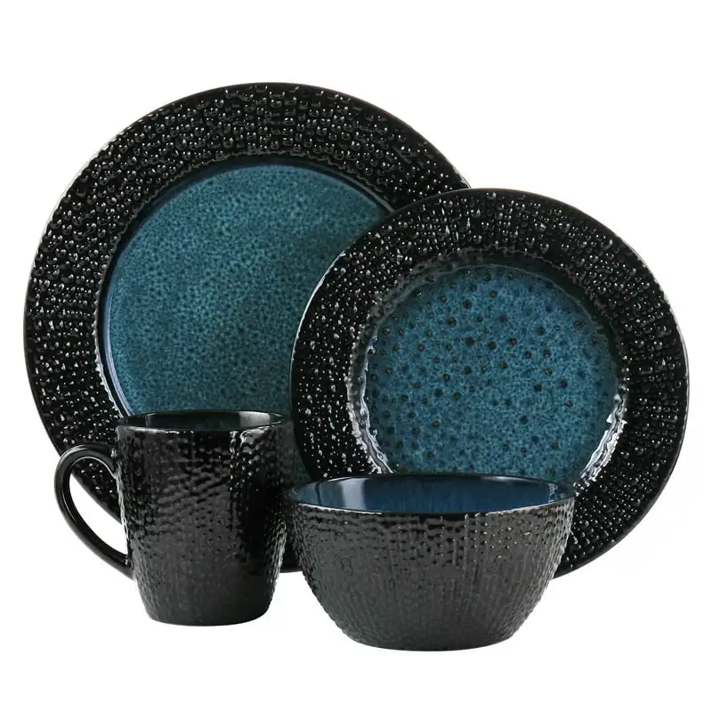 

2023 New 16 Pieces Round Textured Stoneware Dinnerware Set in Charcoal and Blue Dinnerware Set Kitchen Accessories Dining Table