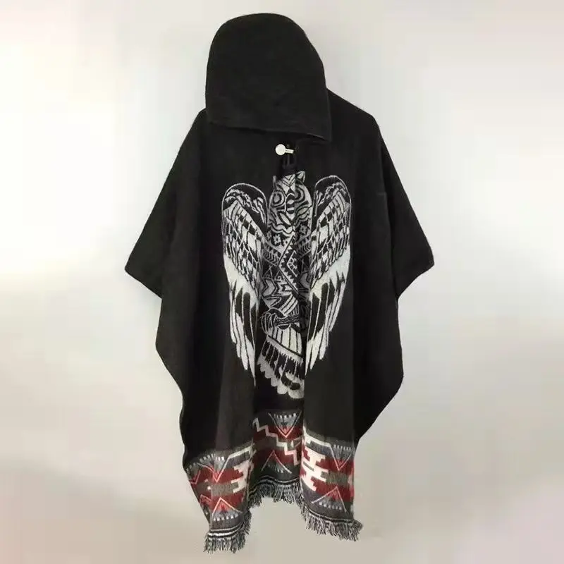Мужские куртки с кисточками и капюшоном пончо стильный рисунком совы V-образный