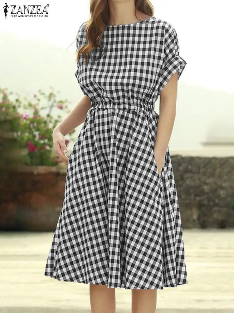 

ZANZEA Women Summer Grid Printed Dress Short Sleeve O-Neck Sundress Bohemian Fashion Casual Oversized Work OL Tunic Holiday Robe