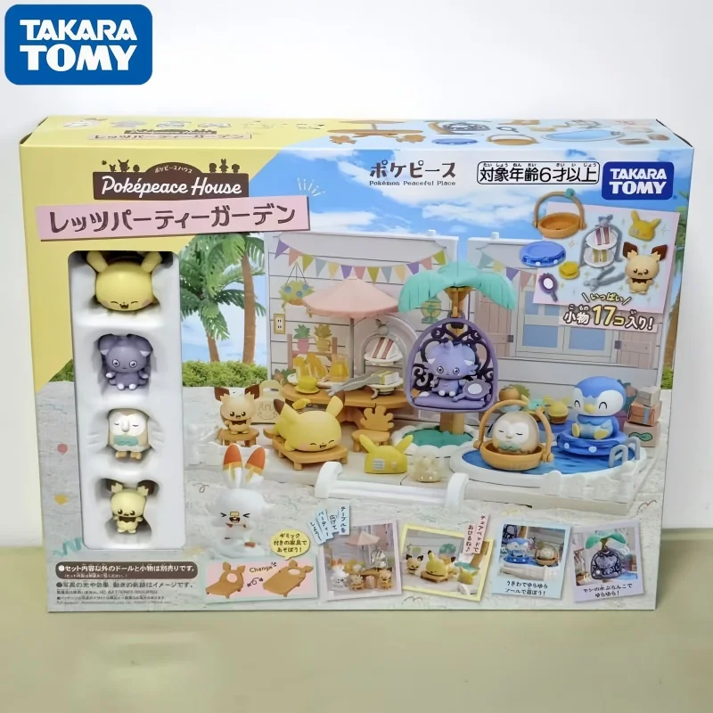 Фото Коллекционная миниатюрная сборная сцена Takara Tomy Pokemon Pokepeace House Party Garden Pikachu, настольное украшение, праздничный подарок №1