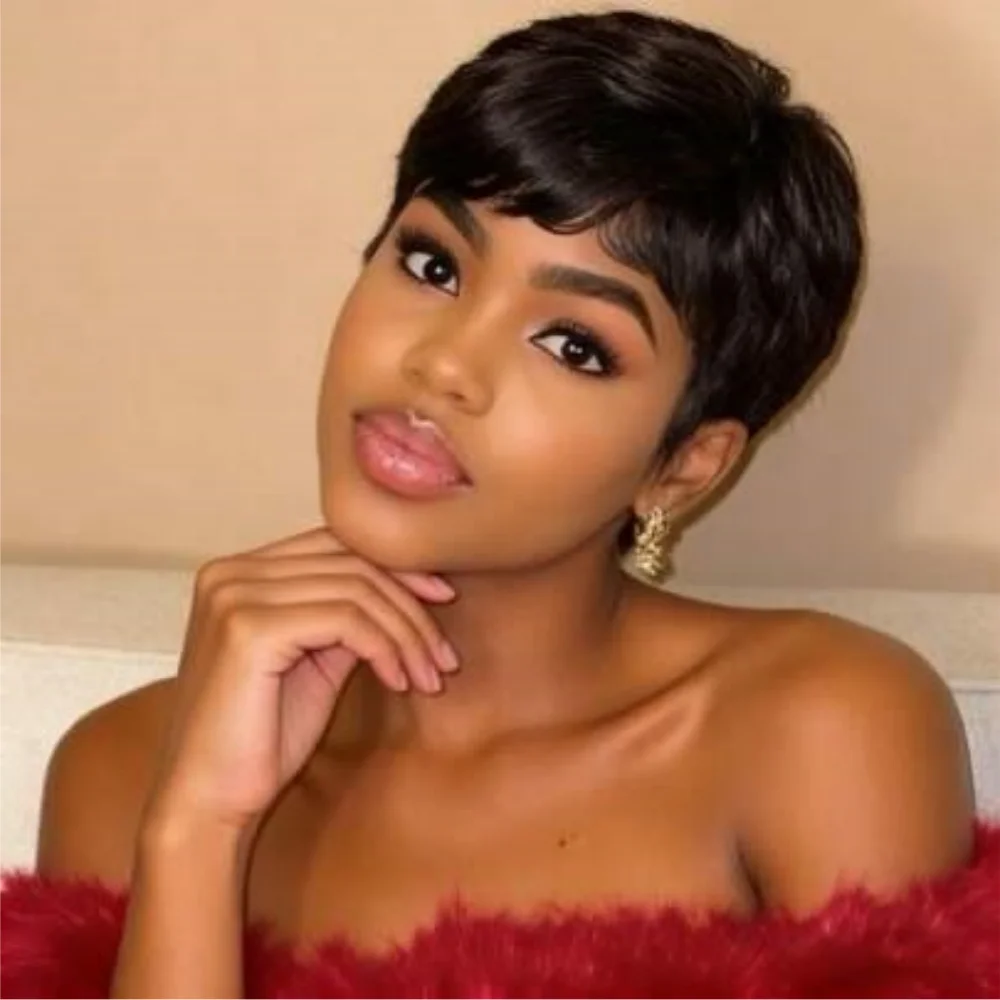 Фото Парик Pixie Cut из натуральных волос, прямой, полностью машинной работы, короткий, натурального цвета, для женщин, с боковым пробором, плотность 200% №1