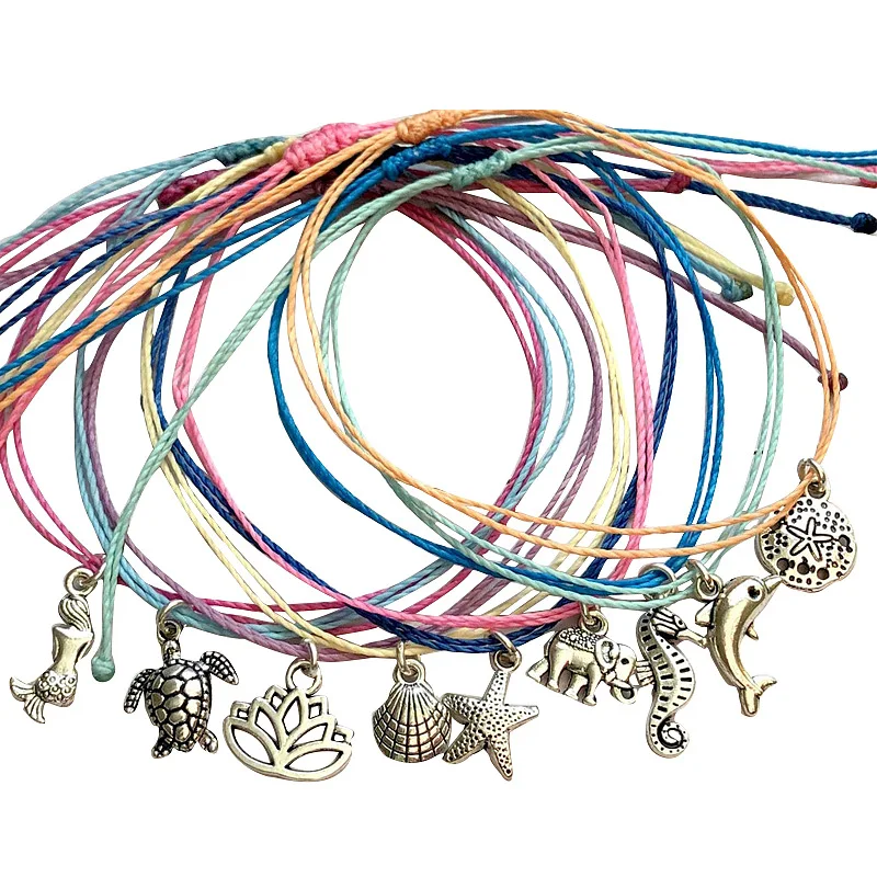 

New Style Chain Bohemian Wind Wax Thread Hand Woven Foot Chain Alloy Turtle Starfish Pull Foot Chain Bracelet Friendship Jewelry