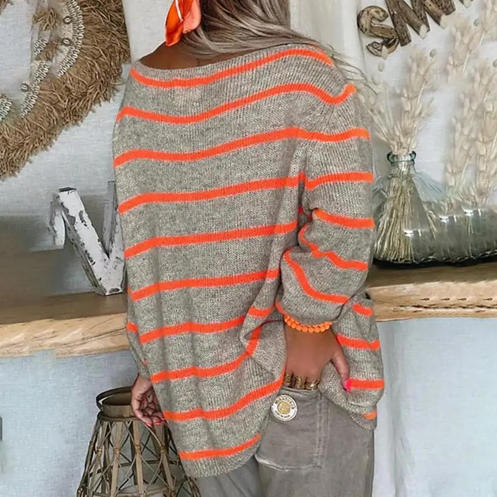 

Women Pockets Winter Sweater Stylish Women's Autumn Sweater Oversized O-neck Long Sleeve Striped Splicing Colorful Pocket A