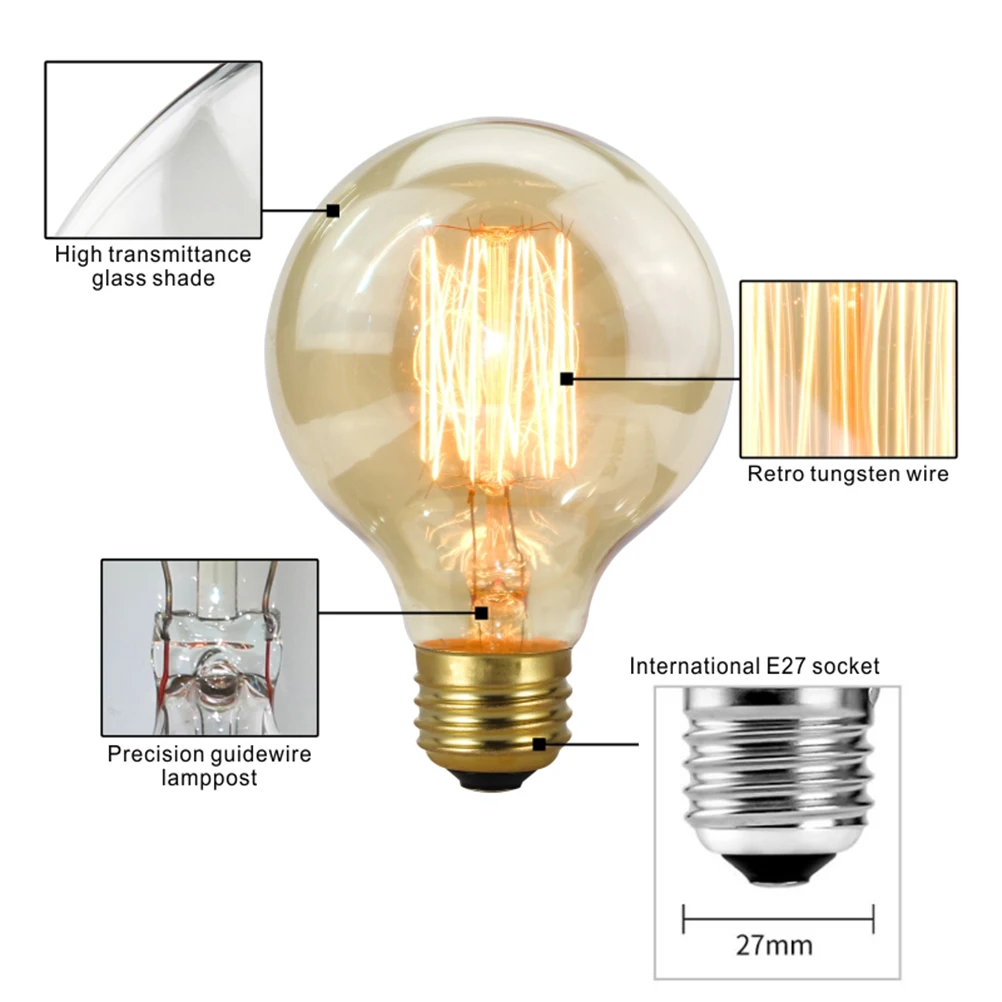 

1 Pc Retro Edison Bulb E27 220VLight Bulb G80 Filament Incandescent Spiral Lamp 1 лампочка Эдисона