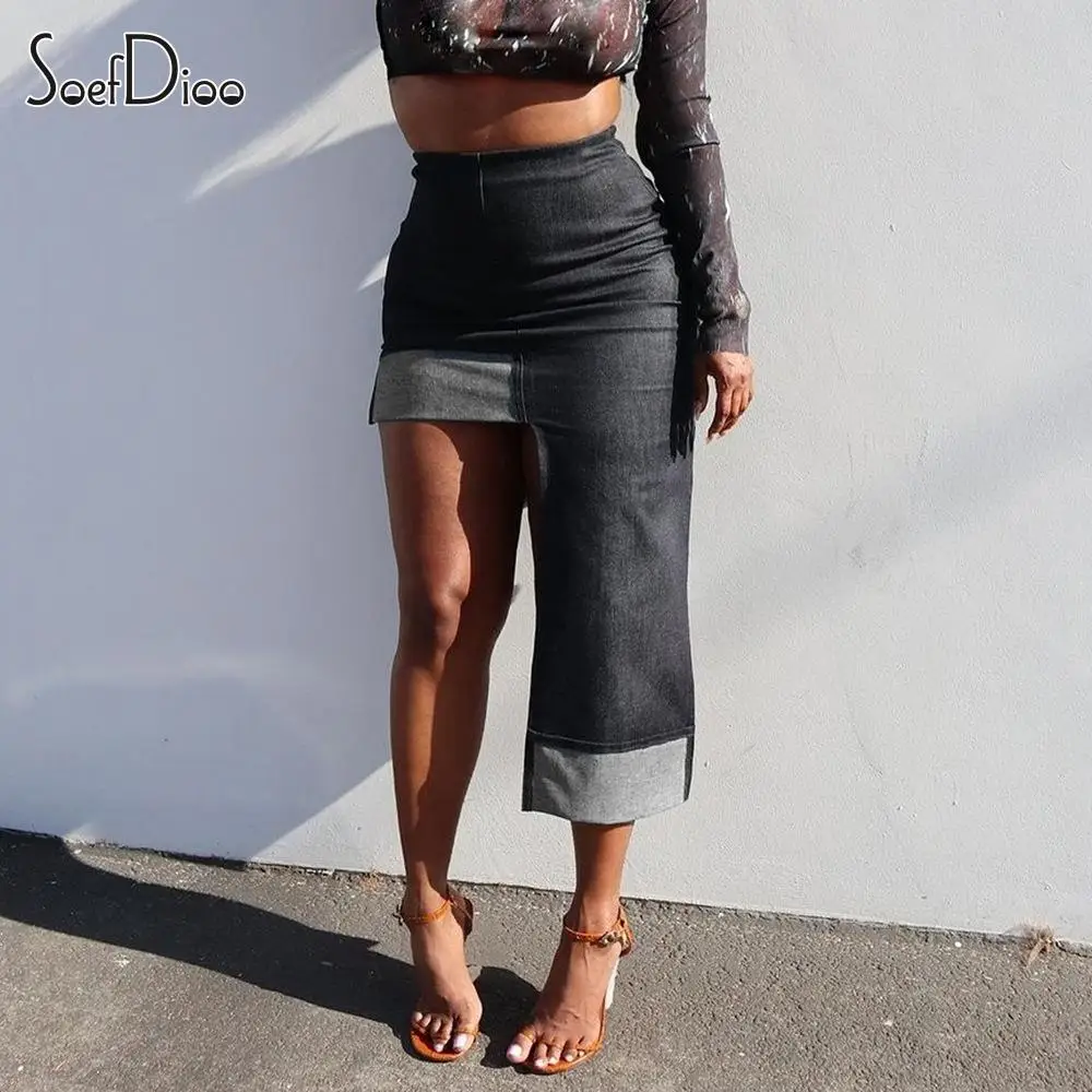 

Soefdioo Fashion Patchwork Irregular High Waisted Black Bodycon Denim Maxi Skirt Women Autumn 2023 Female Bottoms Streetwear