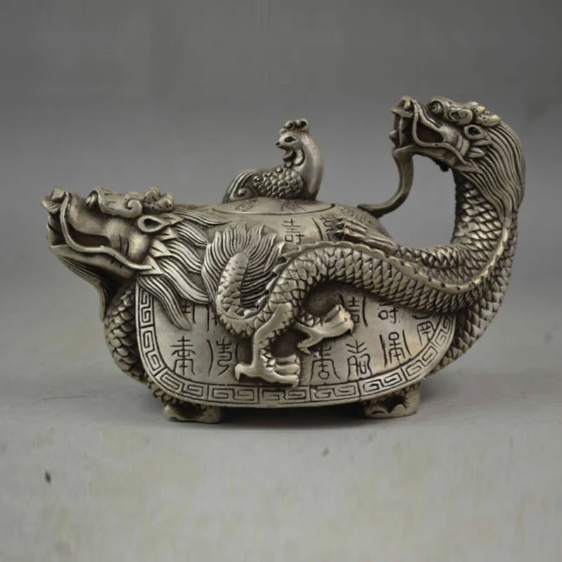 

Collectible China Old Handwork Tibet Silver Carved Dragon Tortoise Tea Pot