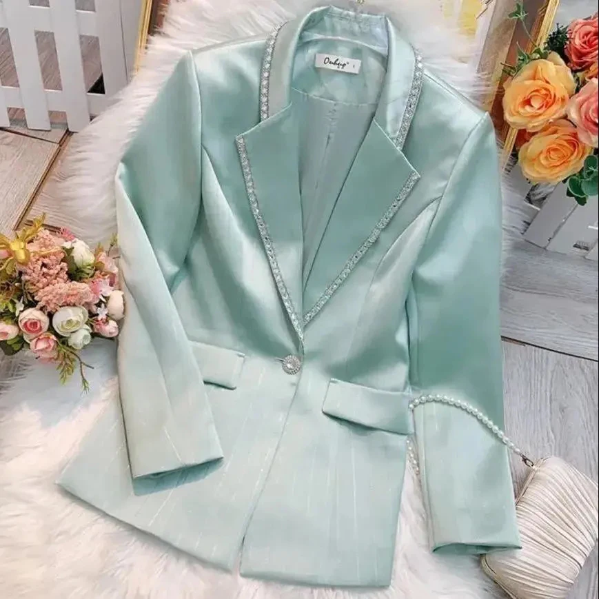 

2022 New Size 3XL Women's Spring Autumn Jacket Diamond-Studded bright Silk Satin Coat Slim High-End Blazer Women Vintage White