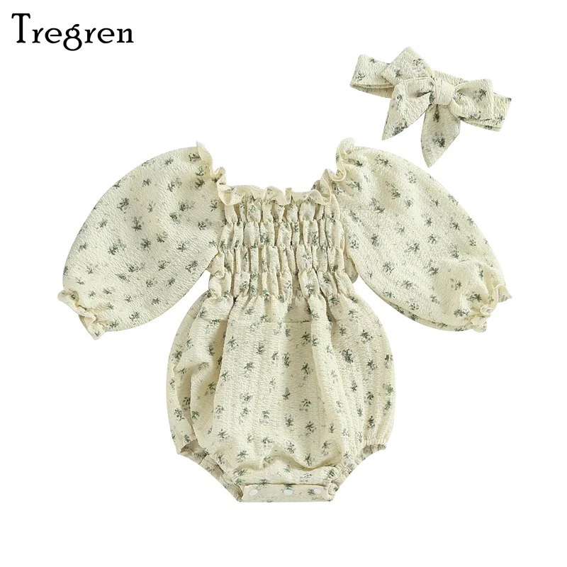 

Tregren 0-18M Infant Baby Romper Newborn Girl Long Puff Sleeve Floral Print Short Jumpsuit with Headband 2pcs Fall Clothes Sets