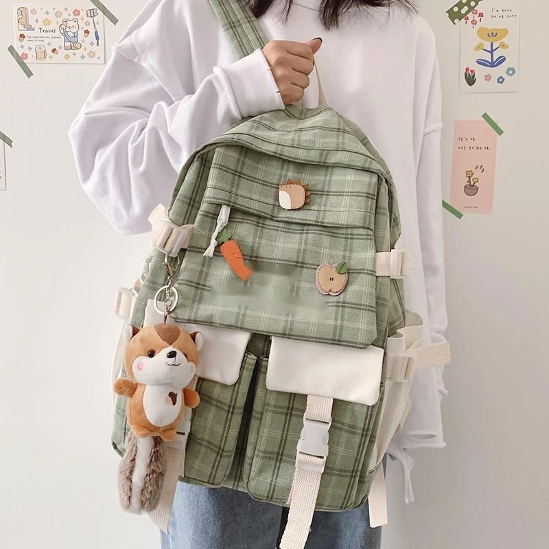 

Вместительный милый рюкзак в Корейском стиле для девушек, новинка 2022, школьный ранец для девушек, Холщовый в японском стиле преппи, клетчата...