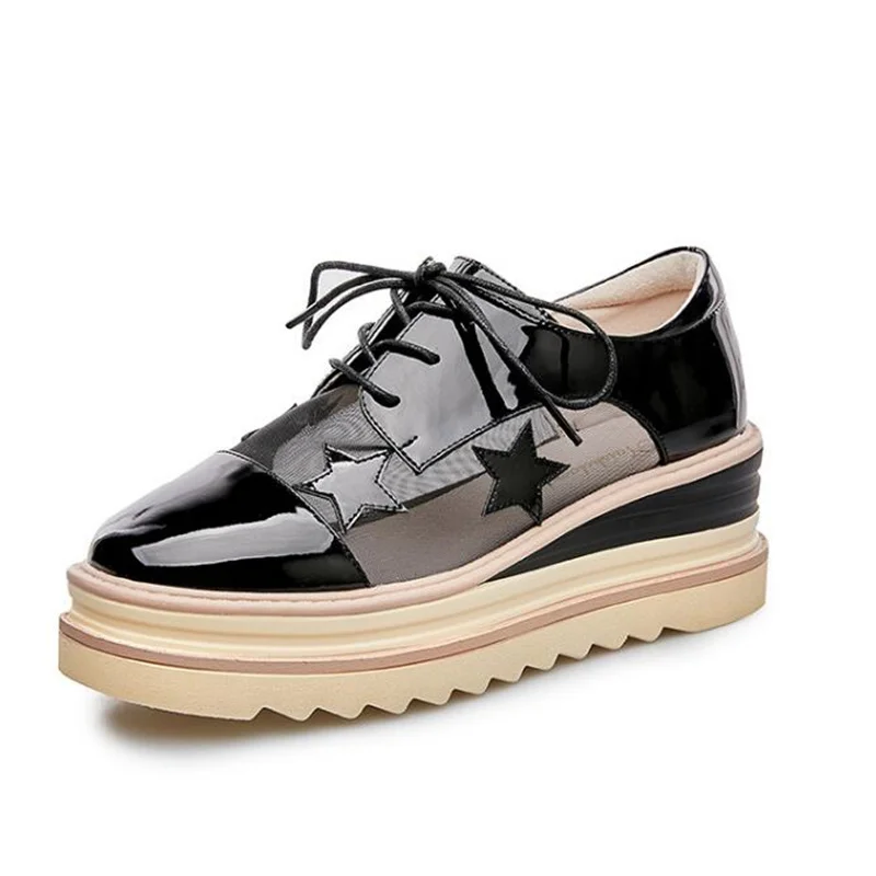 

Summer New Thick-Soled Mesh Star Shoes Square-Toe Patent Leather Lace-Up Casual Shoes For Women Wedge Heel Platform Oxfords